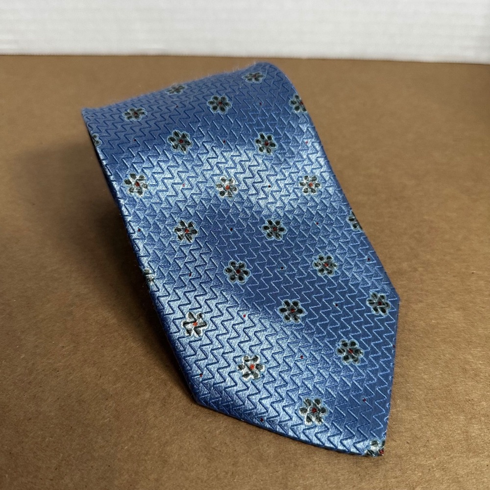 Ermenegildo Zegna Silk Tie Mens XL Blue Floral Chevron Italy Excellent Luxury